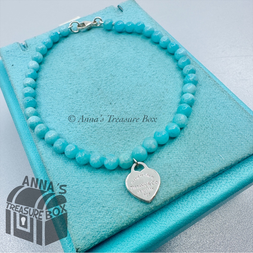 Tiffany & Co. 925 Silver Mini Rtt Heart Tag 4mm Amazonite 6.75" Bracelet (Boxset